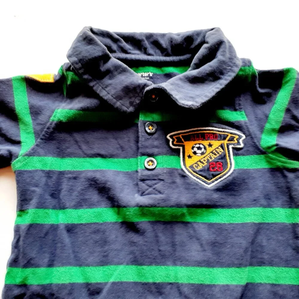 Carter's Boys Romper Navy Green Stripe Long Sleeve Soccer Jumpsuit 18 Months